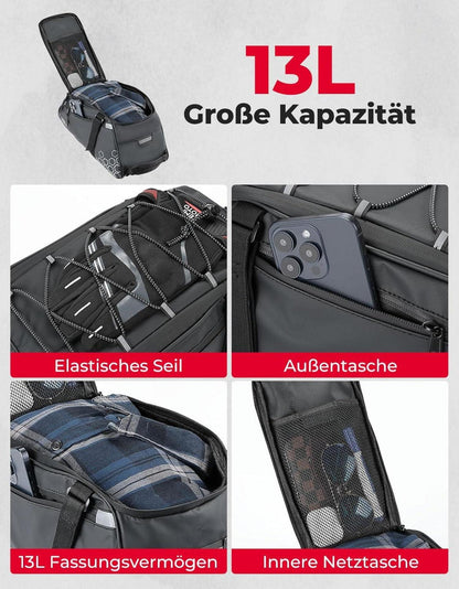 Fahrradtasche 13L wasserdicht mit Mehrfachfächern Tragegriff & Schultergurt