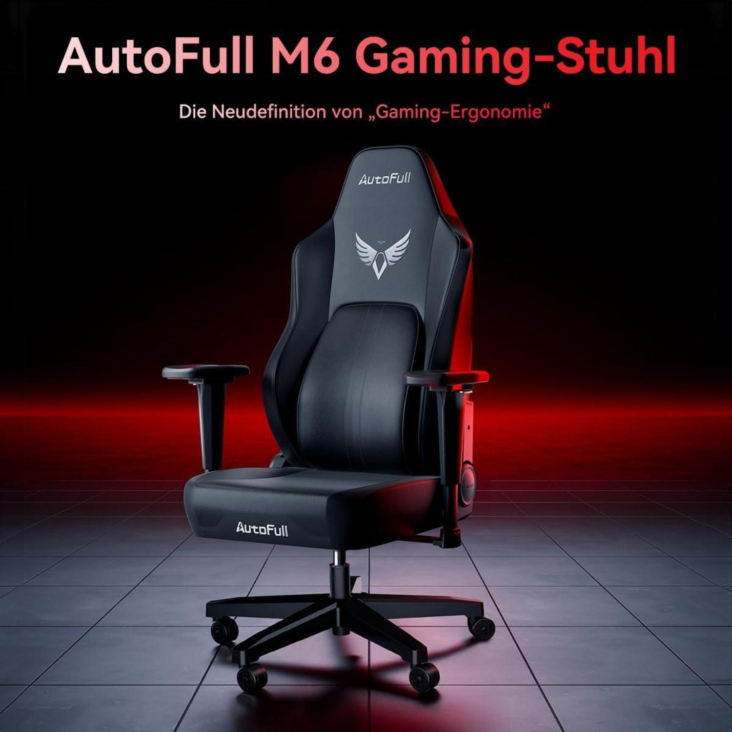 AutoFull M6 Gaming Stuhl PU-Leder Schwarz Basic, 3D-Armlehnen, Tracking-Lendenwirbelstütze