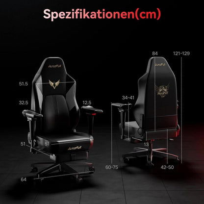 Gaming Stuhl Schwarz mit Sitzbelüftung/Heizung, Lendenwirbelstütze, 6D