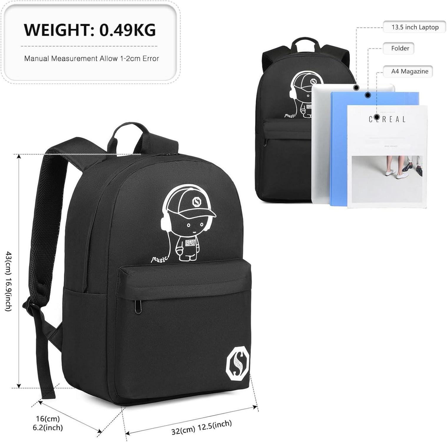 Schulrucksack für Mädchen Jungen - Leichter Reiserucksack A-schwarz L
