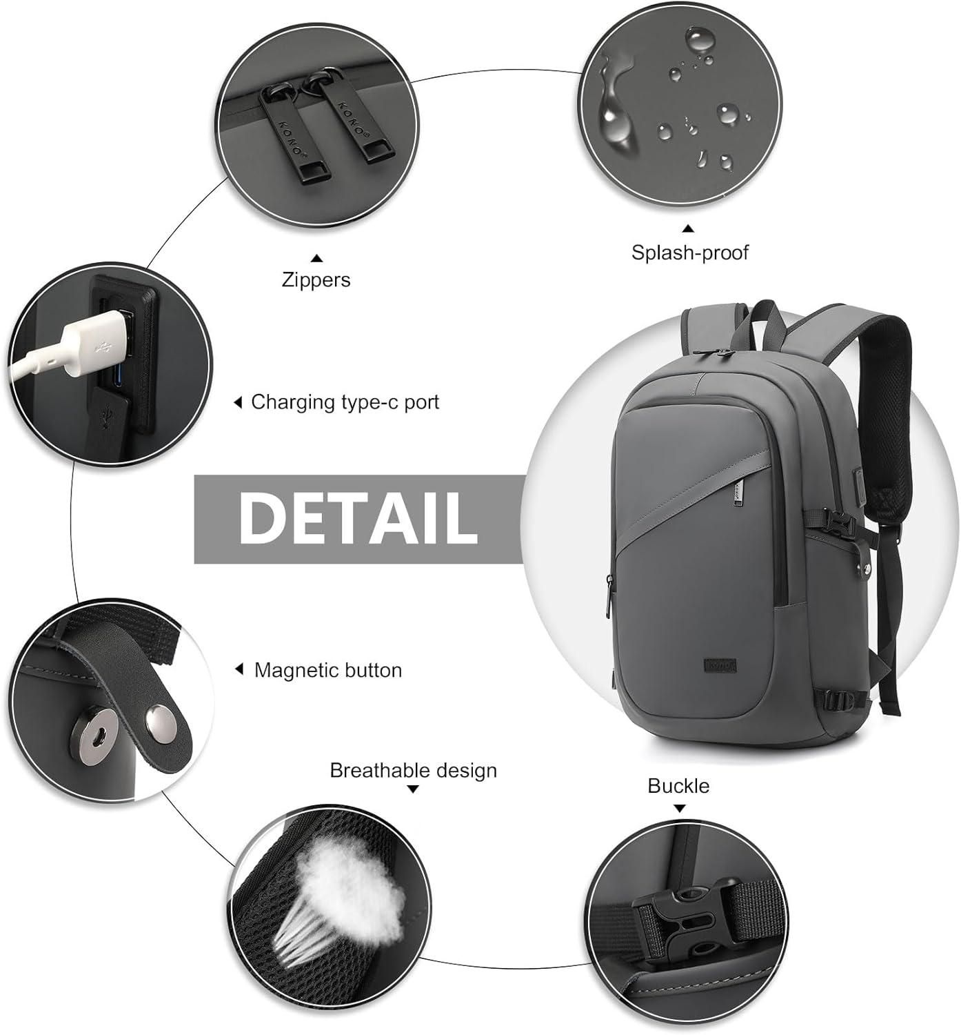 Kono Laptop-Rucksack Diebstahlsicherung Reise Arbeit 15,6 Zoll A-grau