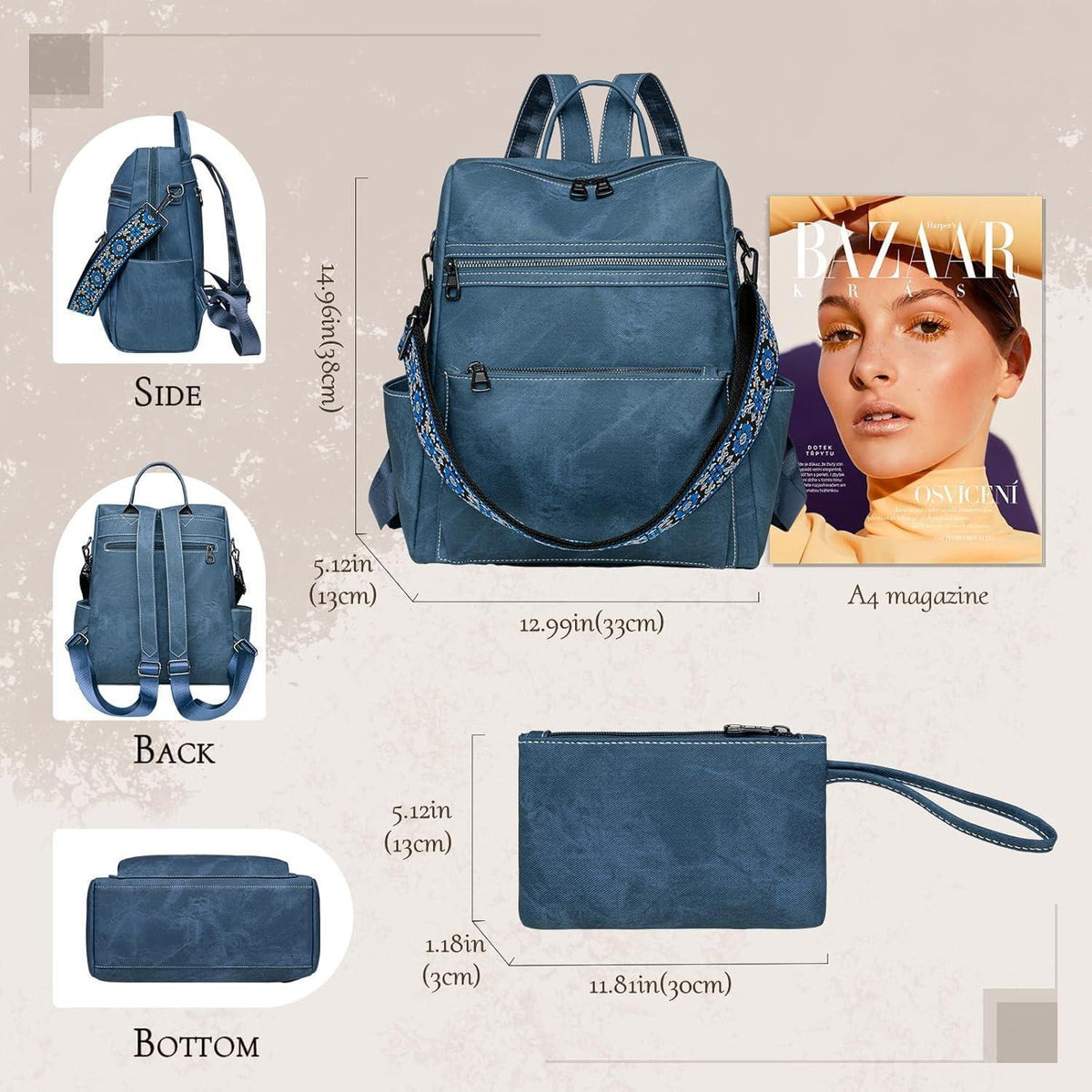 Wandelbarer Damen Rucksack Blau | Wasserfest & Diebstahlsicher