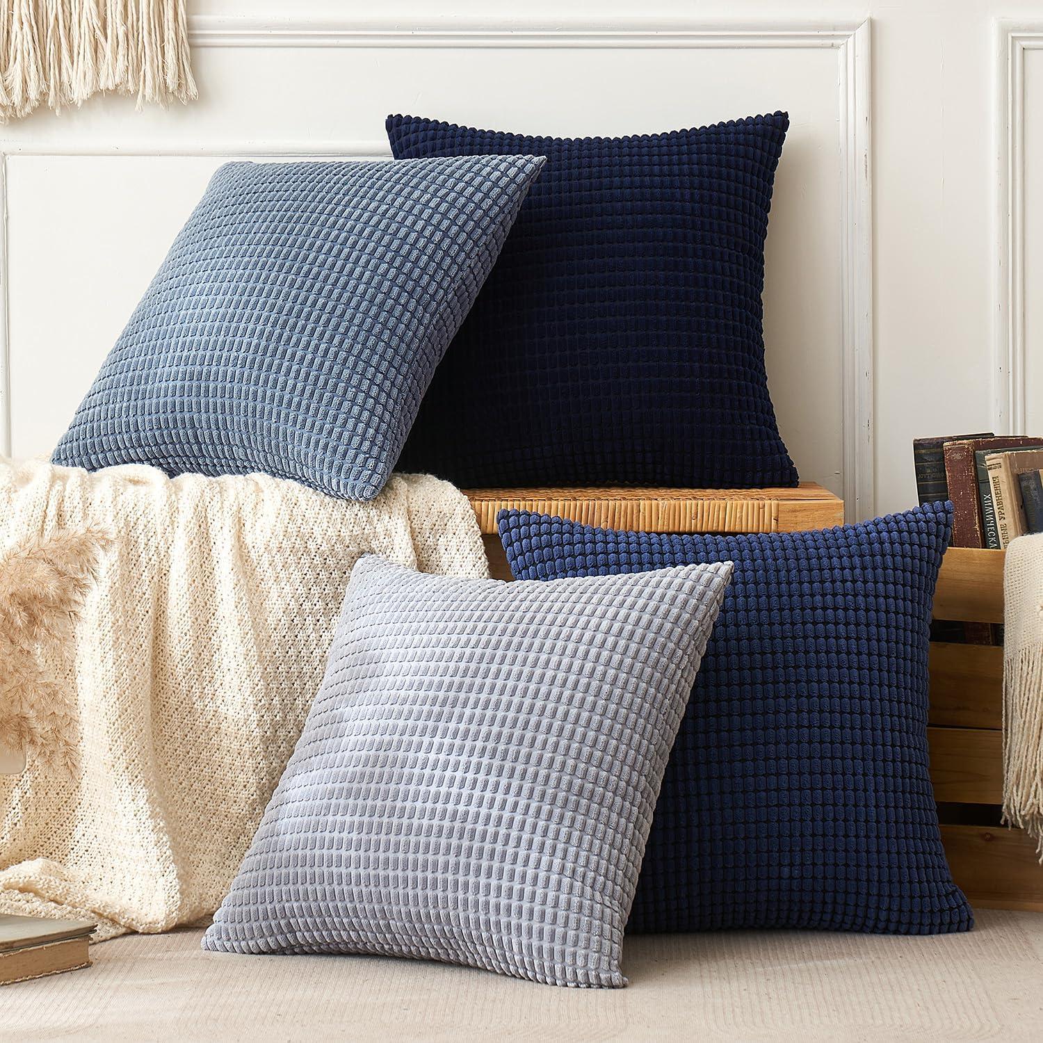 EMEMA Kordsamt Kissenbezug 4er Set 45x45 cm Dunkelblau Granulat Sofakissen