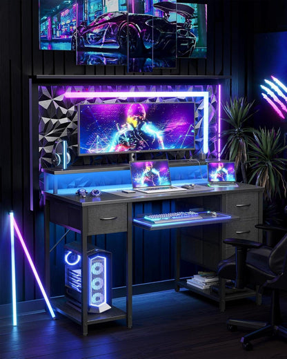 Gaming Schreibtisch LED 120x50cm Tastaturablage 4 Schubladen