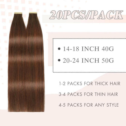 Echthaar Tape Extensions 50cm Schokoladenbraun mit Dunkelrot