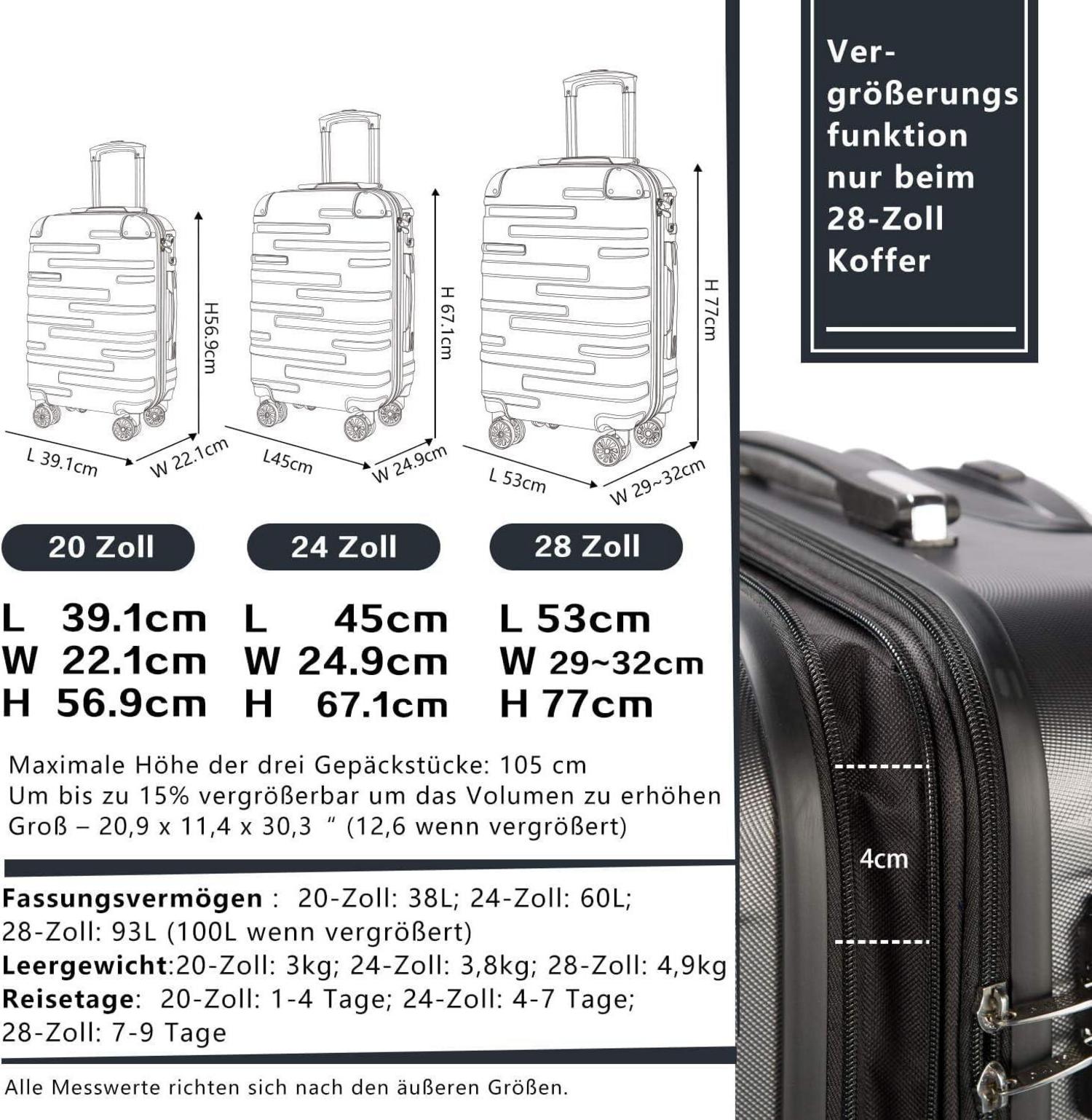 COOLIFE Hartschalen-Koffer Rollkoffer TSA-Schloss 4 Rollen ABS Rot 2tlg(M