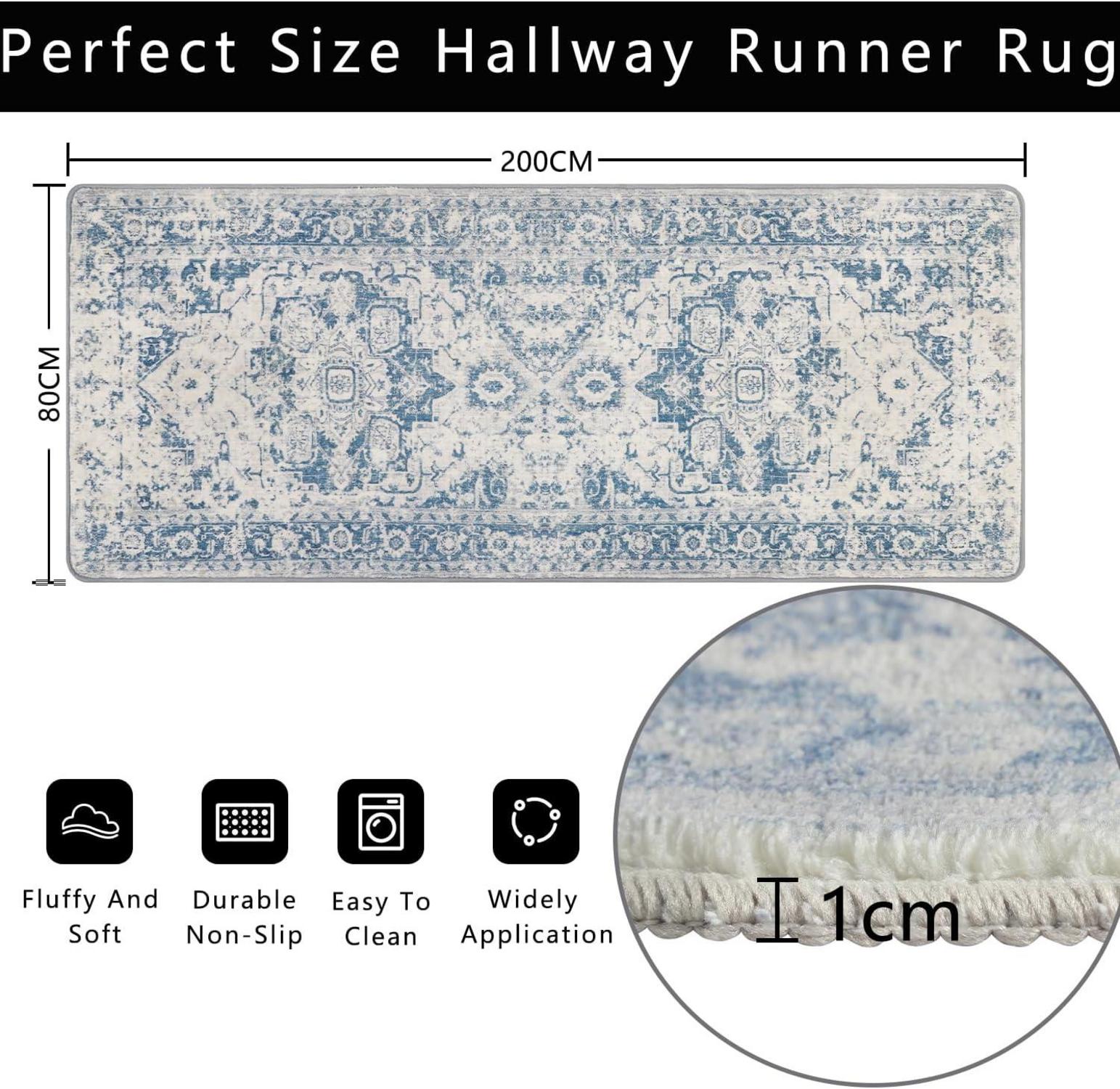 Rutschfester Teppichläufer 80x200cm Vintage Blau für Küche