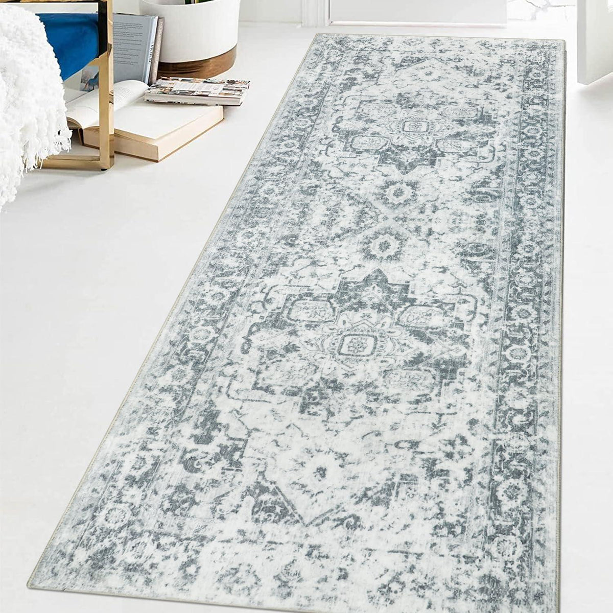 Teppichläufer für Flur, rutschfest, 80x200cm, Vintage-Design, Grau