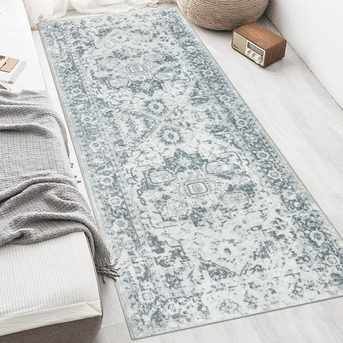 Teppichläufer für Flur, rutschfest, 80x200cm, Vintage-Design, Grau