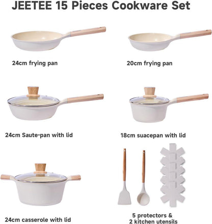 JEETEE 15-Teilig Nonstick Topfset Pfannenset Induktion Beige