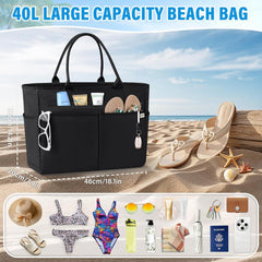 Strandtasche XXL Wasserdicht Badetasche mit Reißverschluss 40L Schwarz