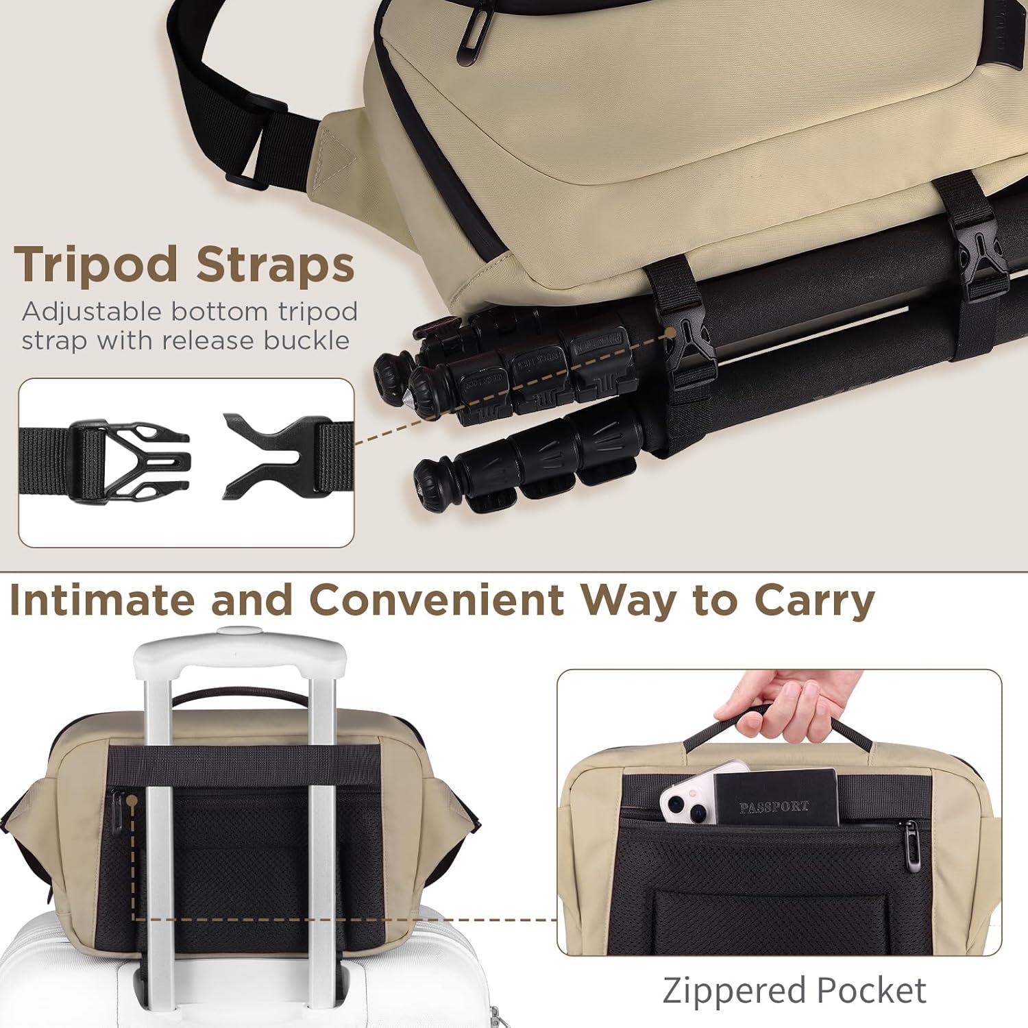 Wasserdichte Kameratasche mit Stativhalterung, Crossbody-Design, Braun