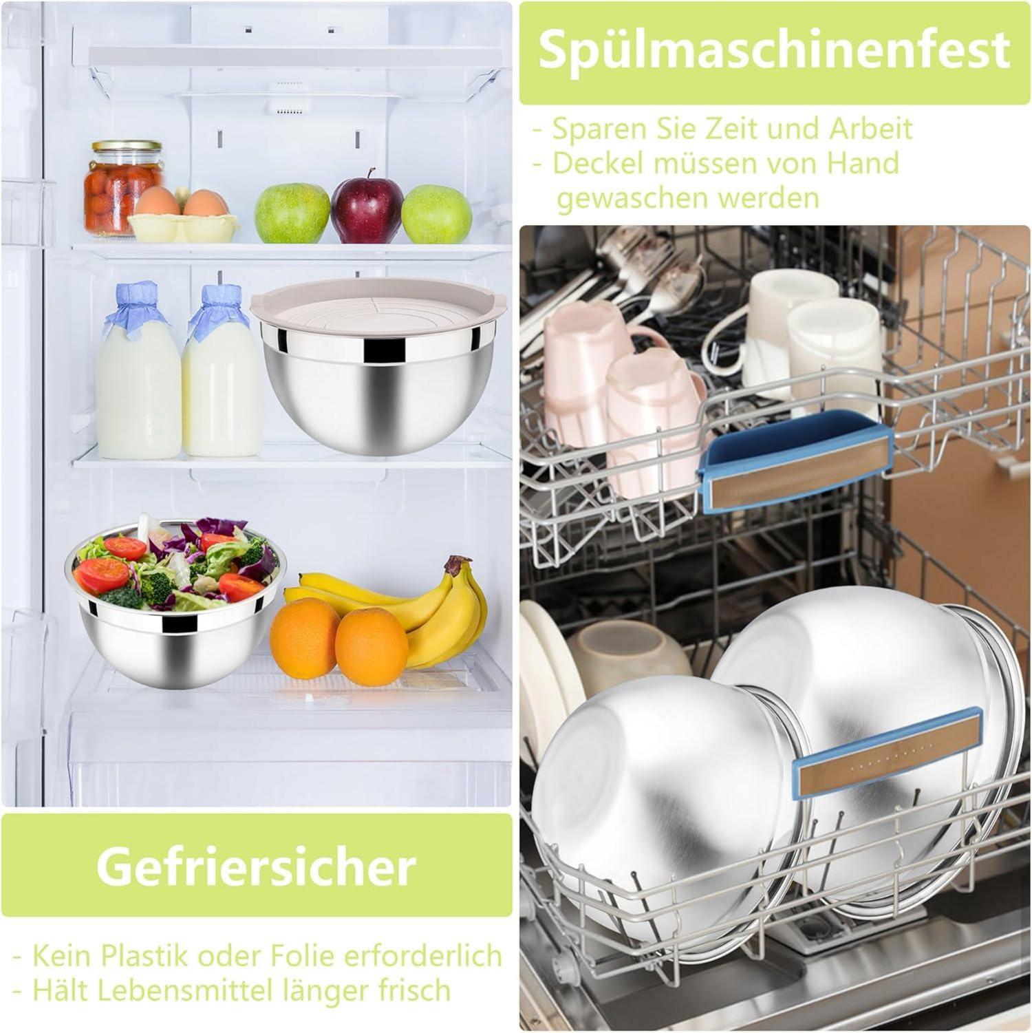 Edelstahl Rührschüssel Set mit Deckel 3er Stapelbar 4.5L 2.7L 1.5L - Khaki