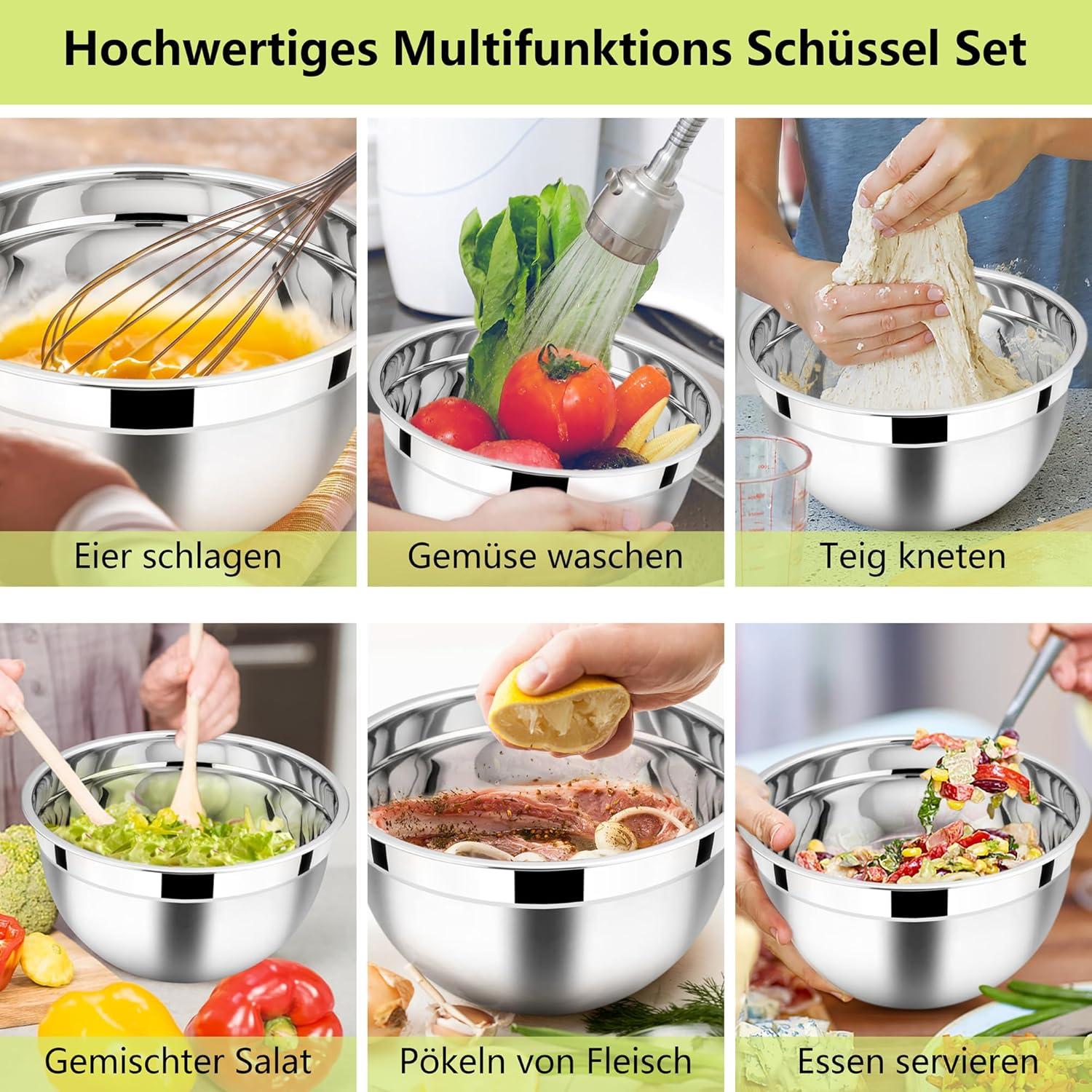 Edelstahl Rührschüssel Set mit Deckel 3er Stapelbar 4.5L 2.7L 1.5L - Khaki