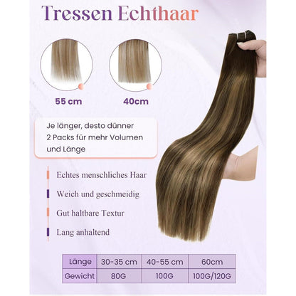 Echthaar Tressen Braun Balayage 50cm - 100g Weft