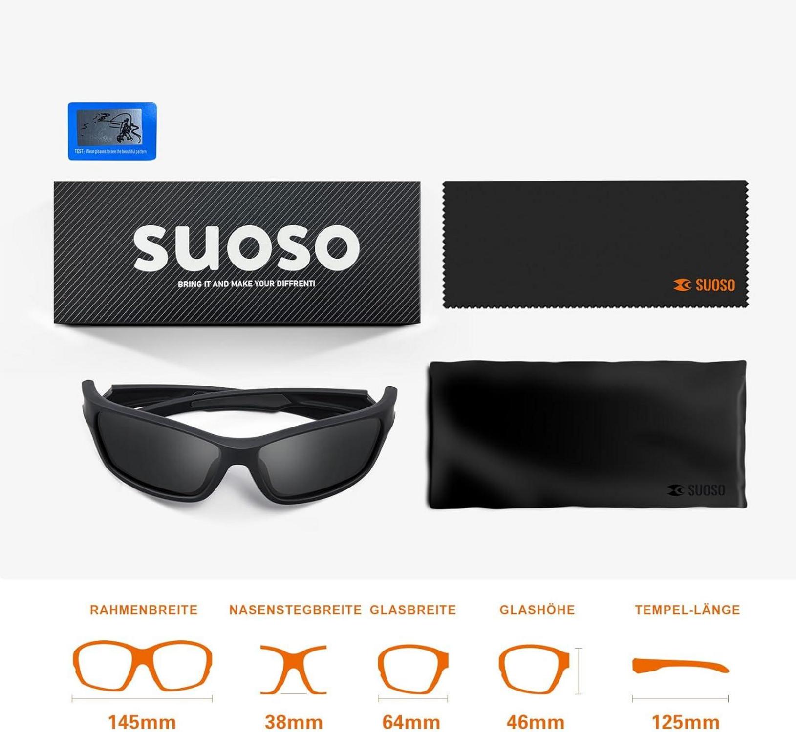 suoso Sportbrille Schwarz Polarisiert UV400 für Herren Damen