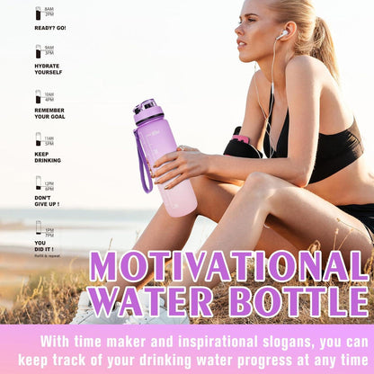 AOPREL Trinkflasche 1L Sport Wasserflasche Auslaufsicher mit Motivierenden Zitaten Zeitmarker BPA-frei Transparent Blau