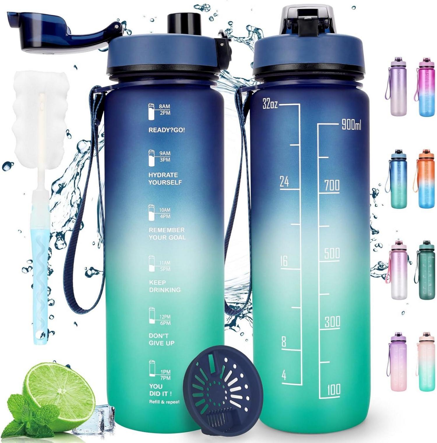 Sport Trinkflasche Auslaufsicher 1 Liter Filter Blau Grün motivierend