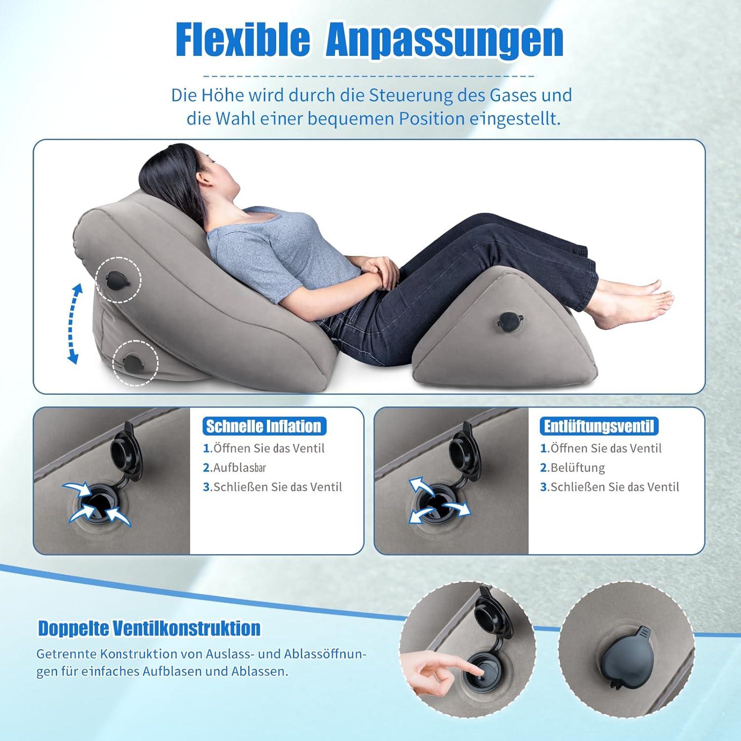 SAHEYER Aufblasbares Rückenlehnen- und Beinkissen-Set, Ergonomisches Lesekissen, 2-in-1 Grau