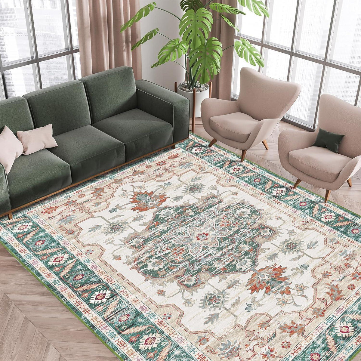Vintage Kurzflor Teppich Grün 240x340 cm - Waschbar & Rutschfest