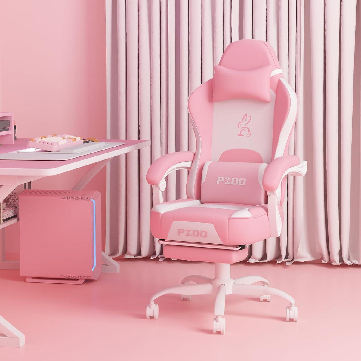 Rosa Gaming Stuhl mit Abnehmbarer Dekoration und Fußstütze