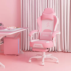 Rosa Gaming Stuhl mit Abnehmbarer Dekoration und Fußstütze
