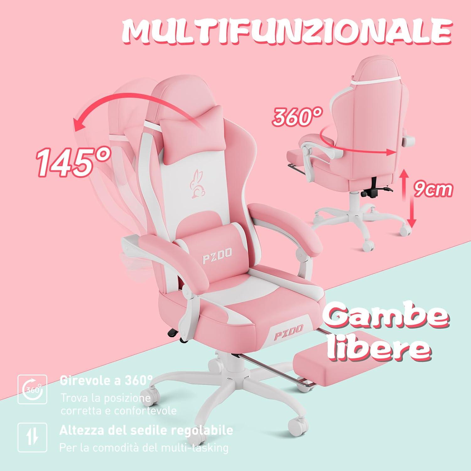 Rosa Gaming Stuhl mit abnehmbarer Deko, ergonomisch, atmungsaktiv