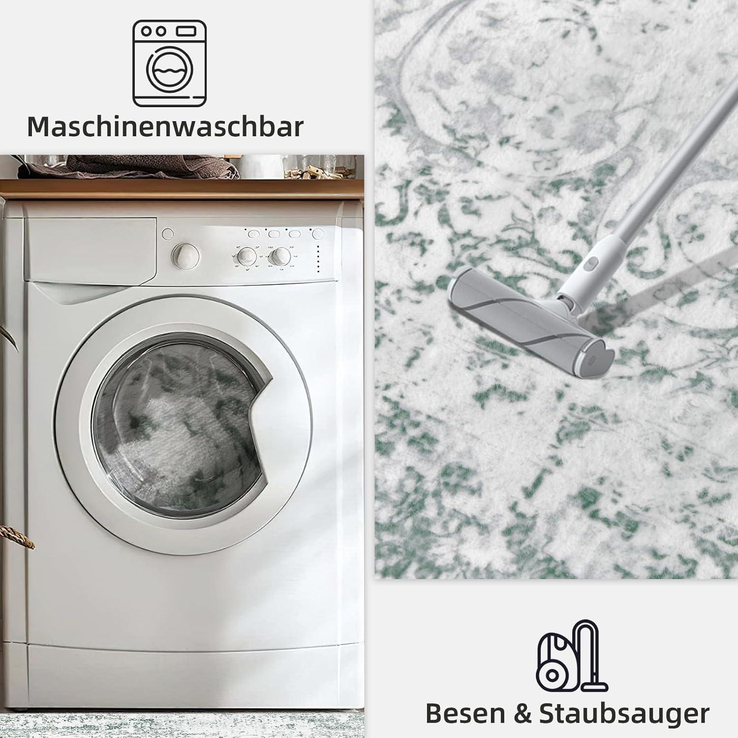 Vintage Teppich Kurzflor Groß Boho Design 200x280 cm Grau Grünlich