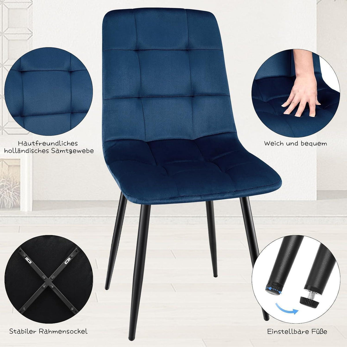 Gepolsterte Esszimmerstühle 4er Set Dunkelblau, Samt & Metallfuß