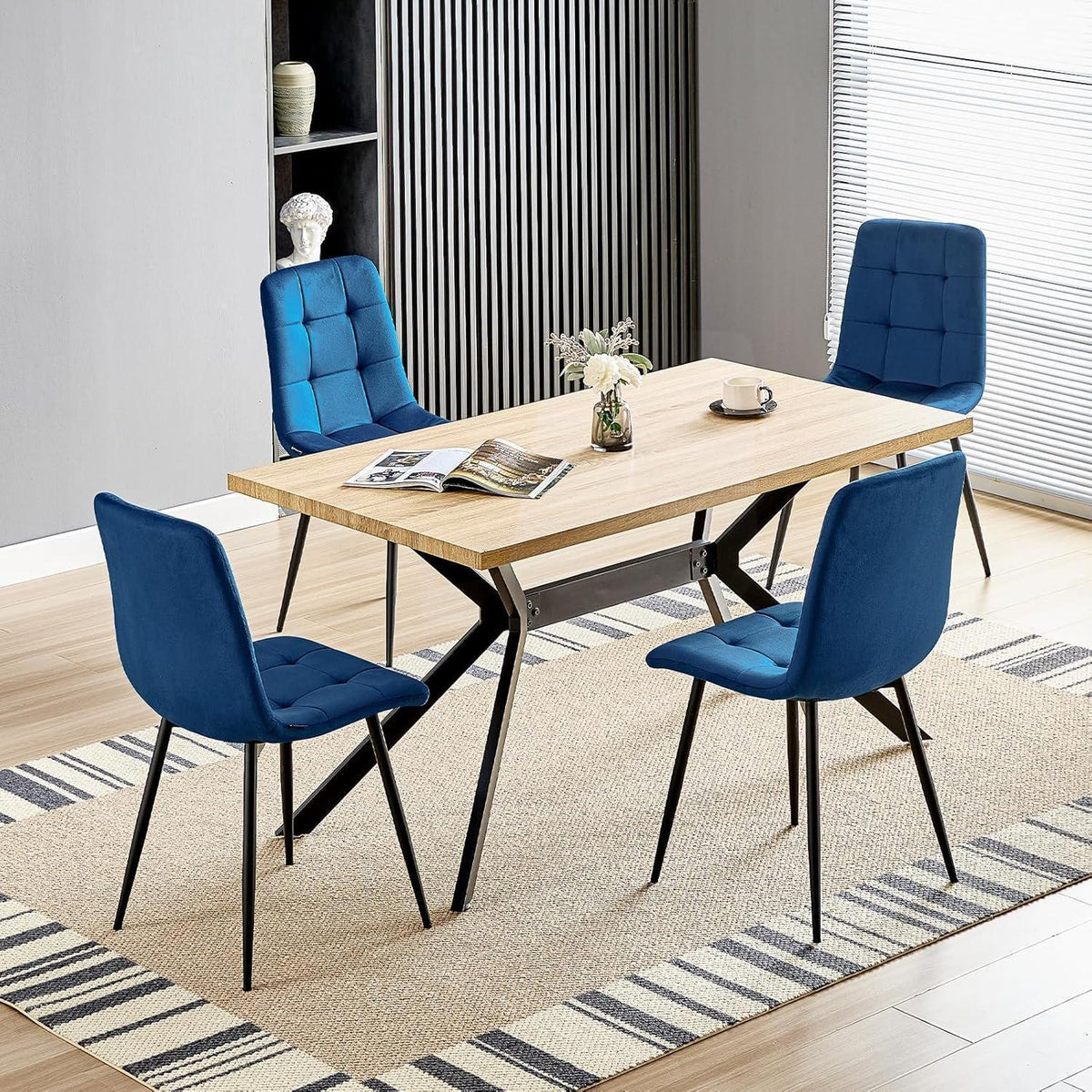 Gepolsterte Esszimmerstühle 4er Set Dunkelblau, Samt & Metallfuß