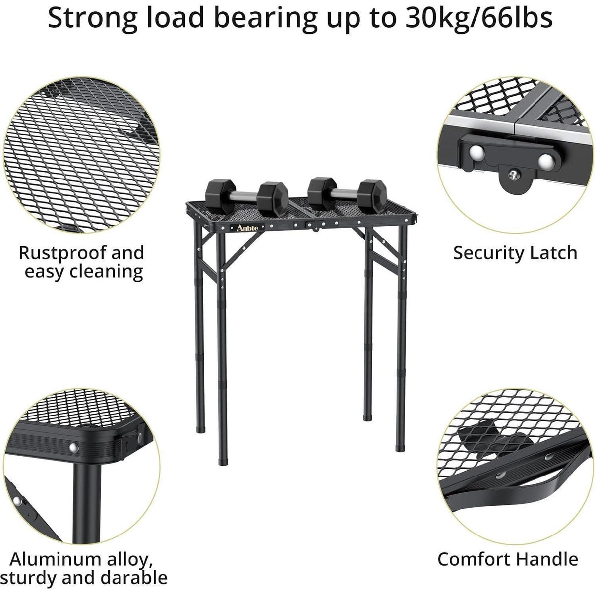Aluminium Campingtisch mit 3 Höhen, 60x40cm, Schwarz