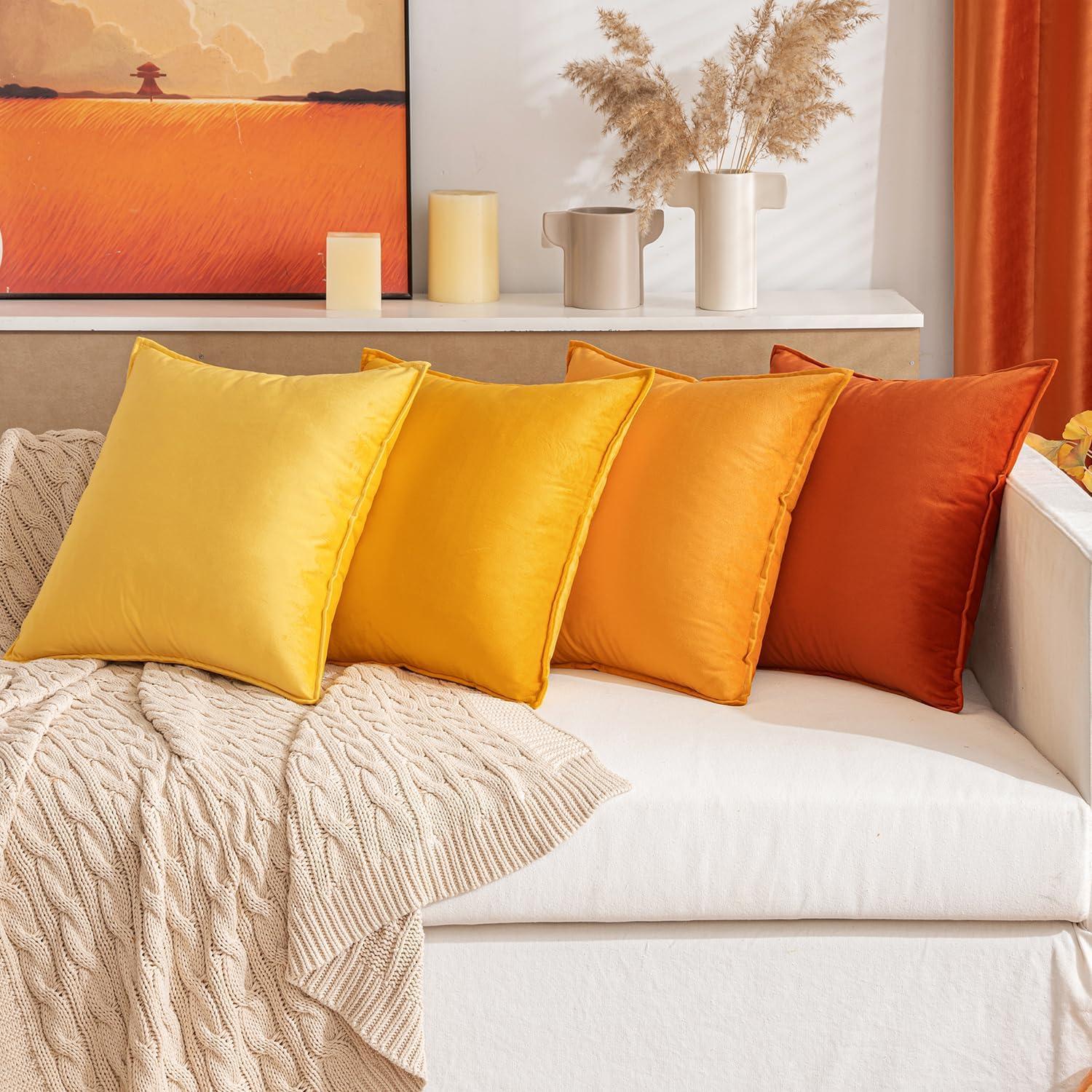 4er Set Samt Kissenbezug 50x50 cm Orange Dekohülle Zierkissen Sofakissen