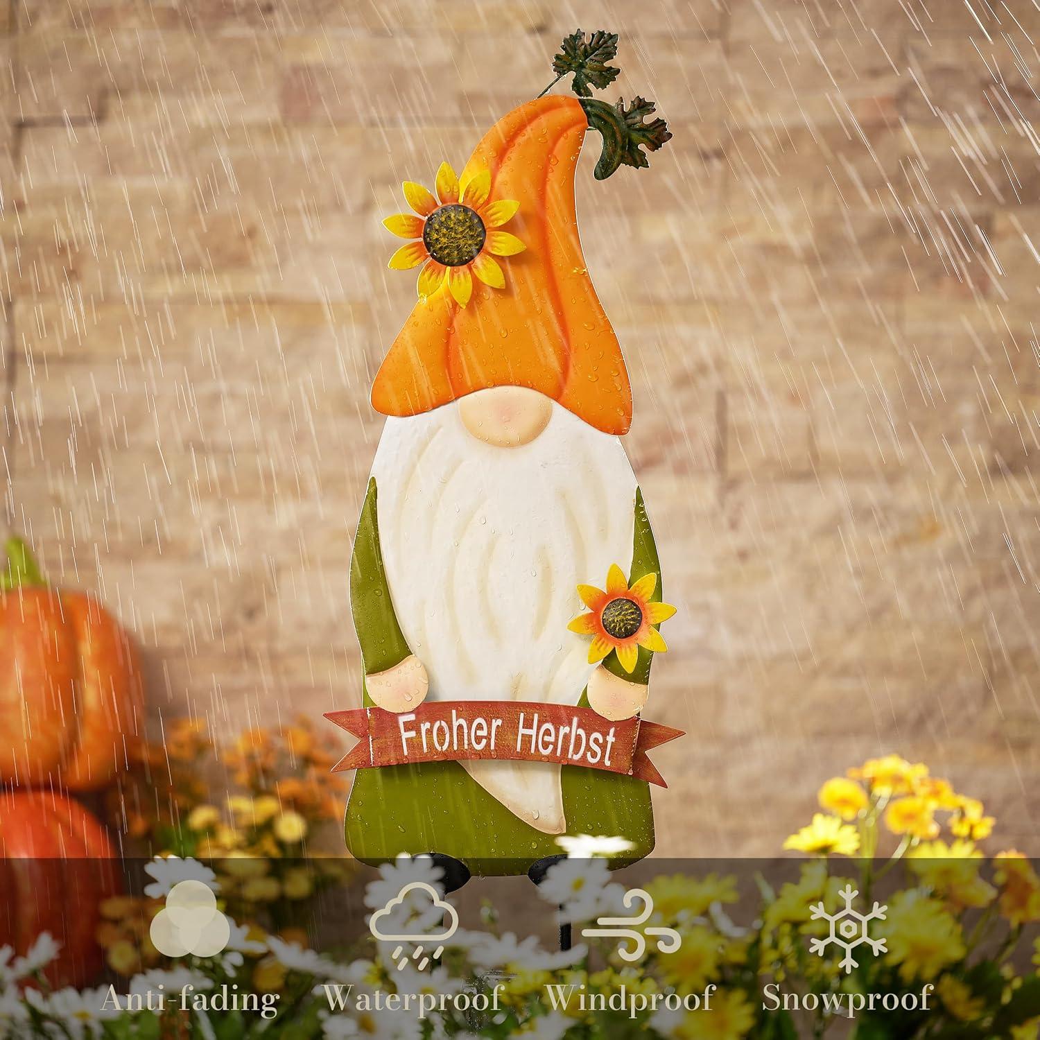 Herbstdeko Gartenzwerg mit Sonnenblume und Kürbis 68cm Metall