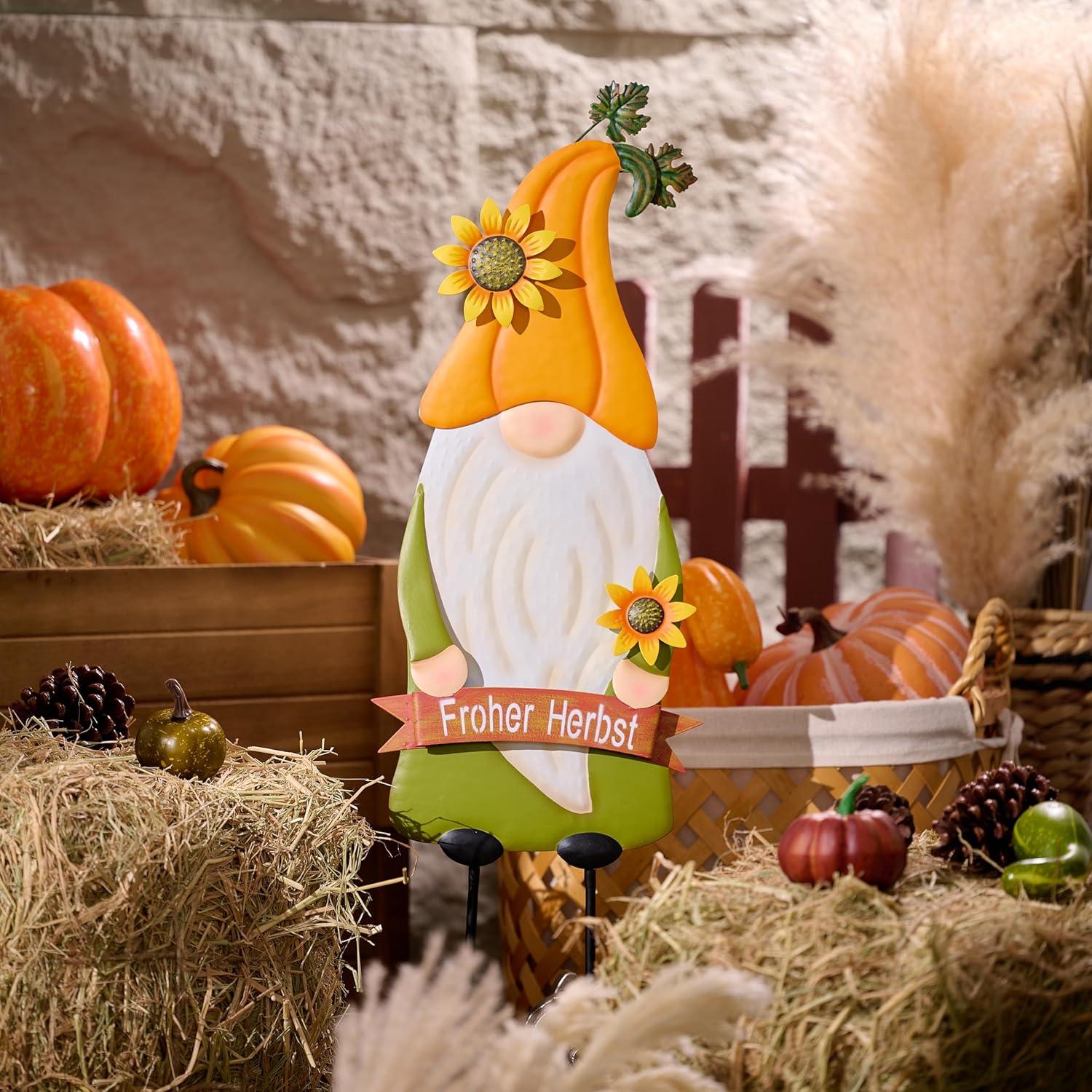 Herbstdeko Gartenzwerg mit Sonnenblume und Kürbis 68cm Metall