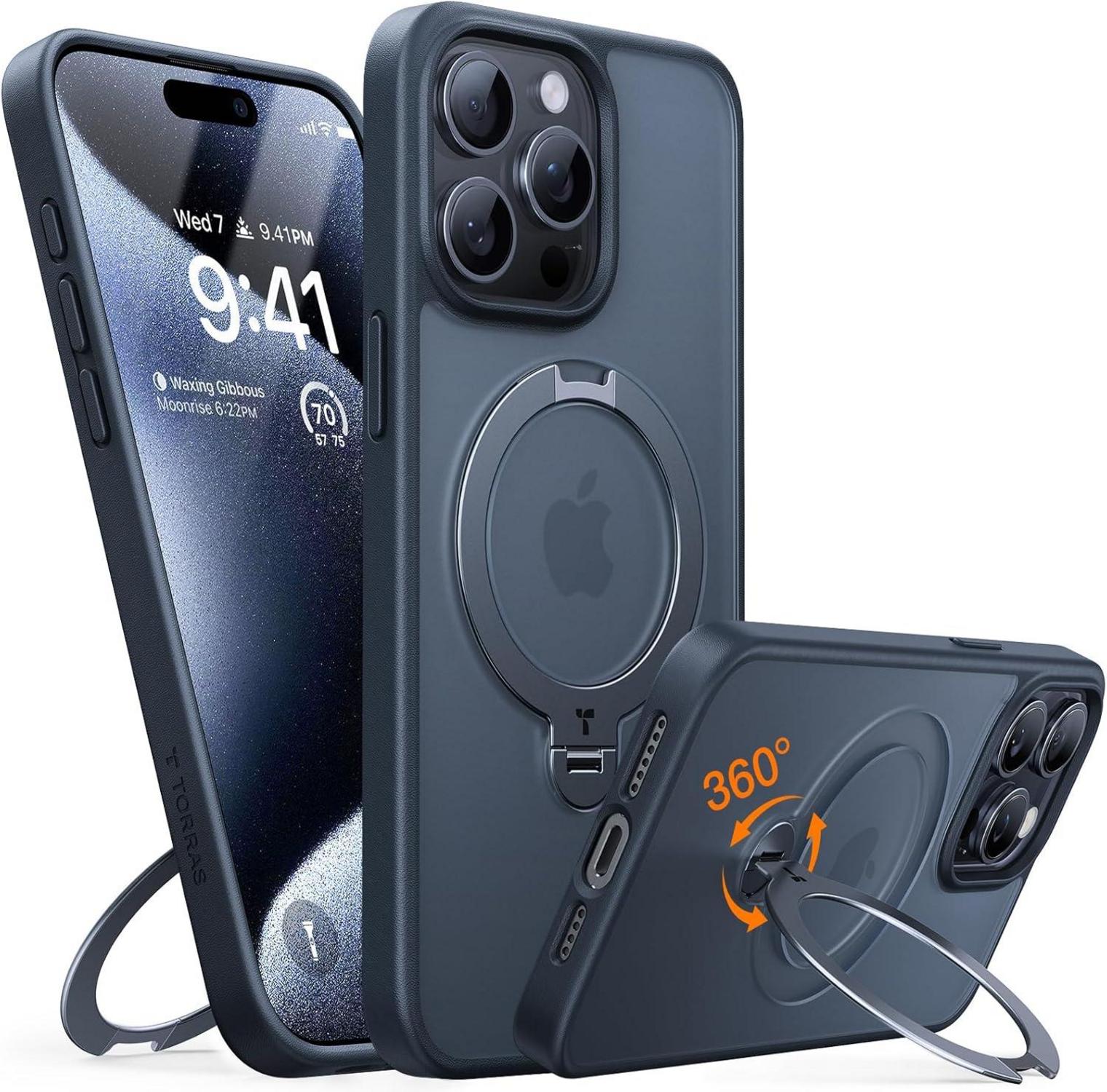 TORRAS 360° Ostand Spin iPhone 15 Pro Hülle Militärschutz Matt Schwarz