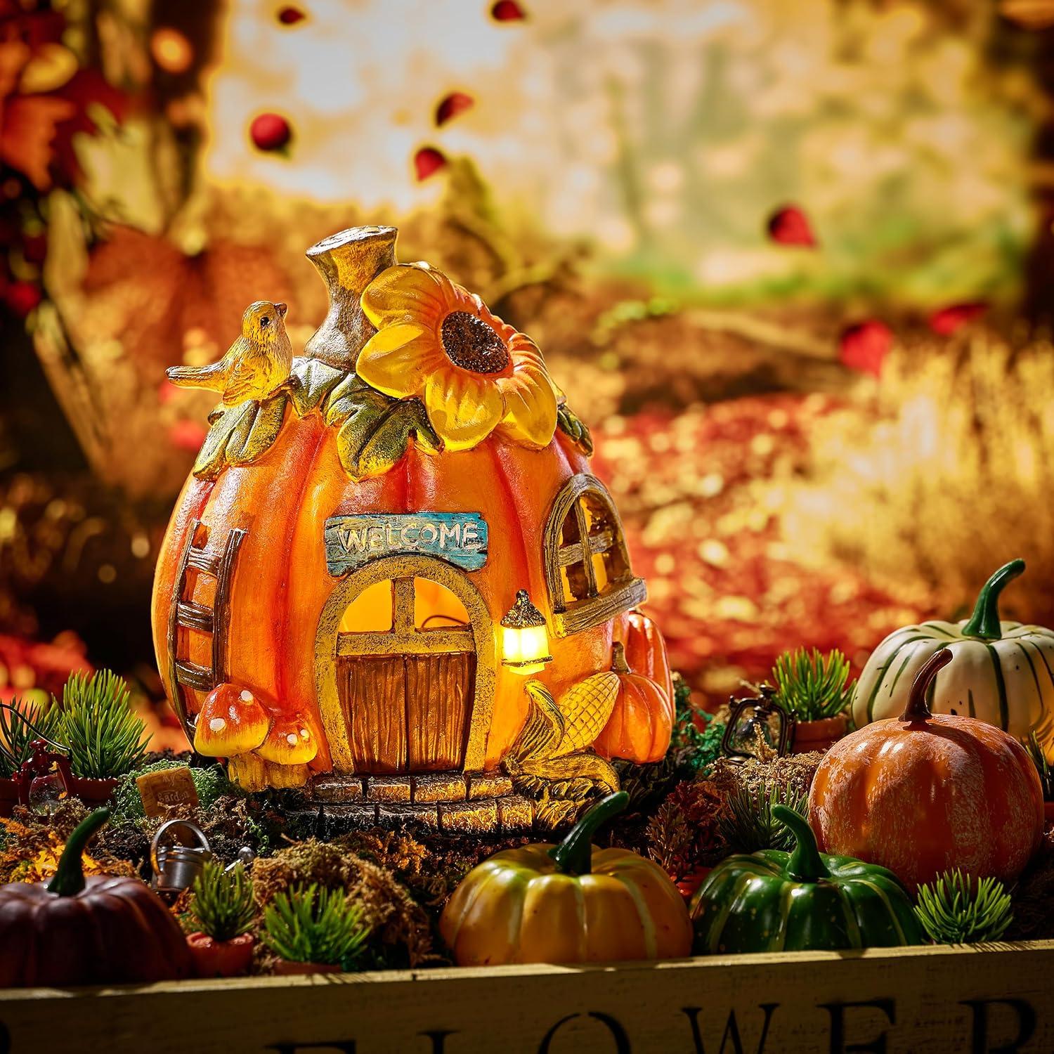 Herbst Deko Solar Kürbishaus mit Solarleuchte 19cm