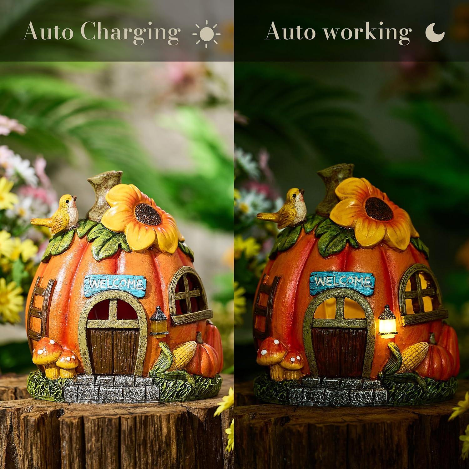 Herbst Kürbishaus Solarleuchte Kunstharz Garten Deko 19cm