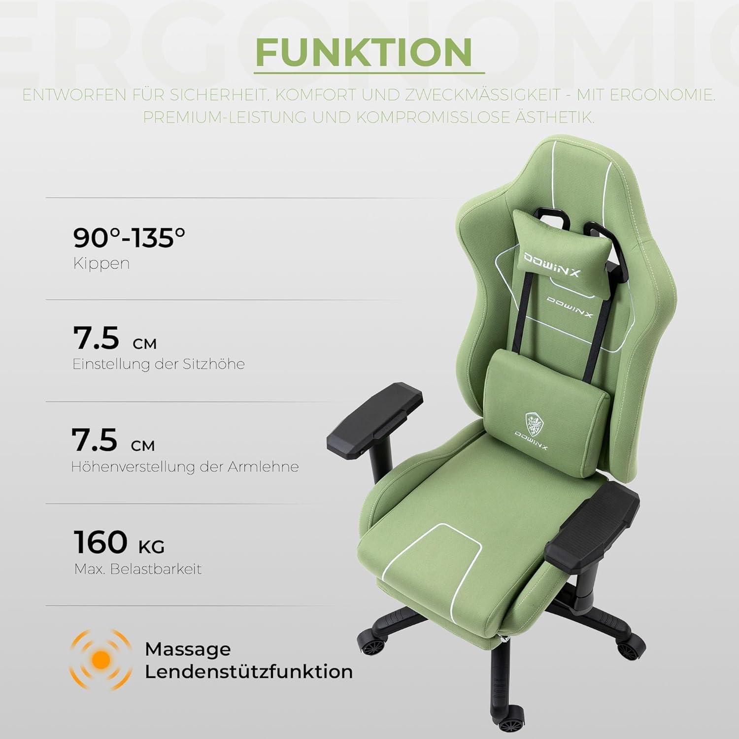 Gaming Stuhl Dowinx mit Massage XXL Stoff Taschenfederkissen Grün