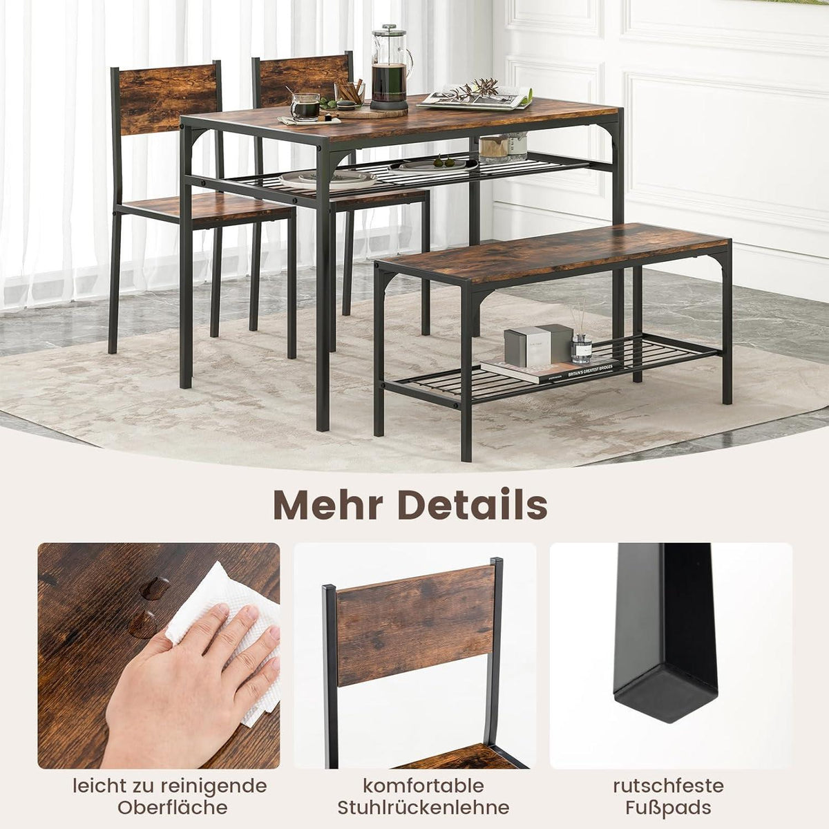 Esstisch Set 4-teilig mit Bank & Stühlen – Rustikales Braun
