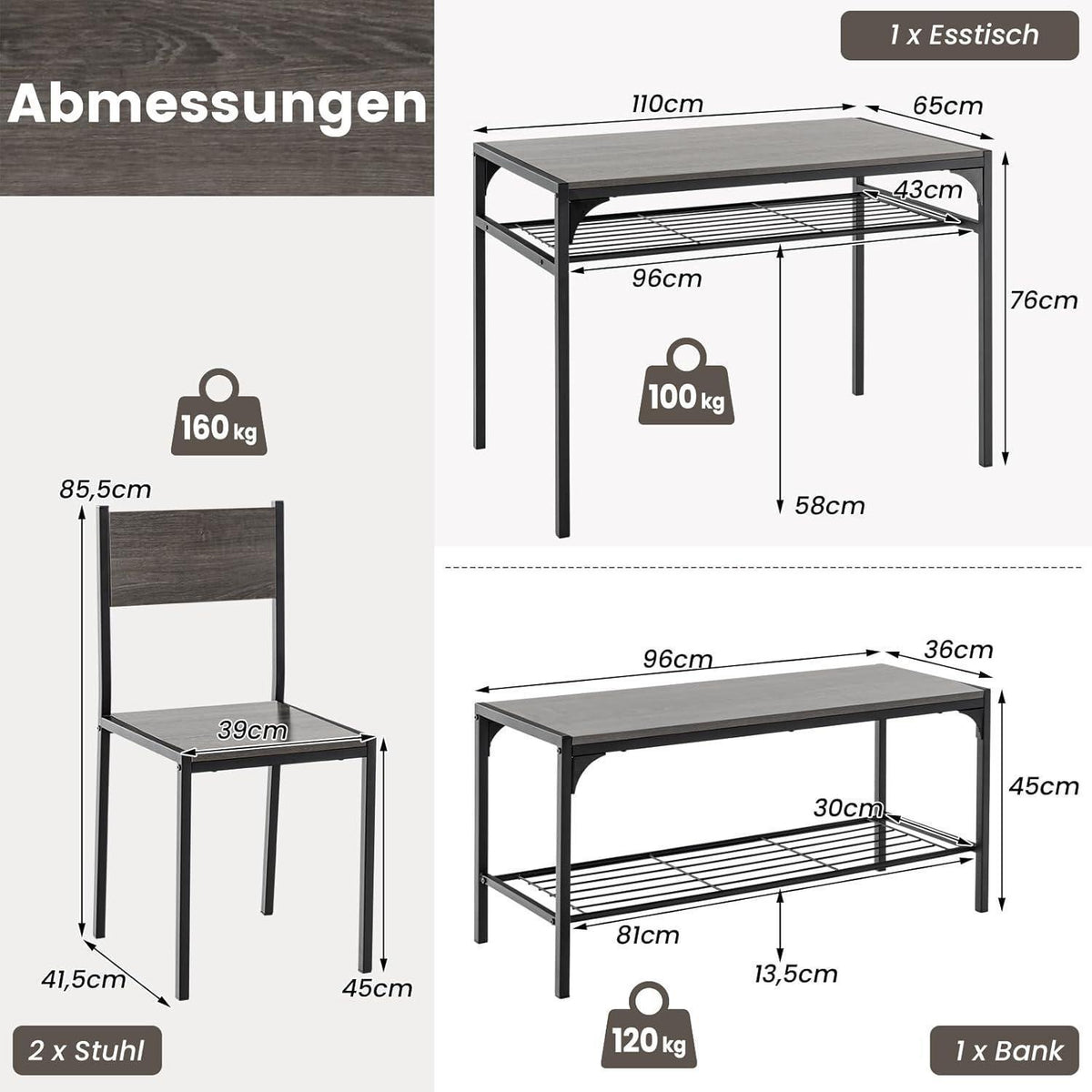 Esstisch Set 4-teilig mit Bank & Stühlen – Grau
