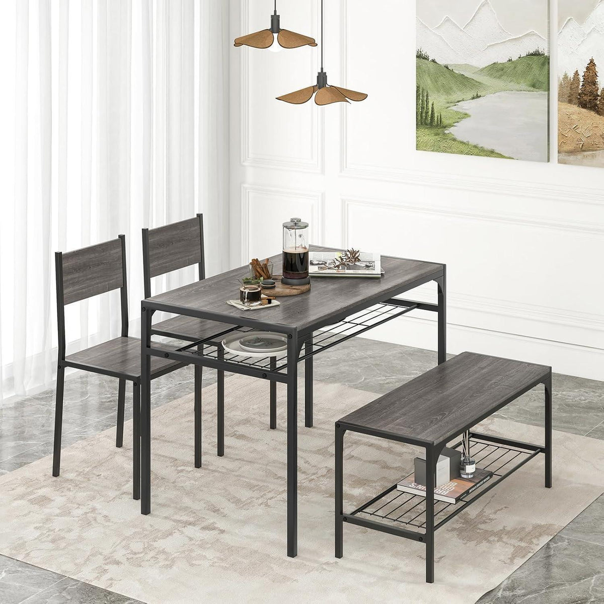 Esstisch Set 4-teilig mit Bank & Stühlen – Grau