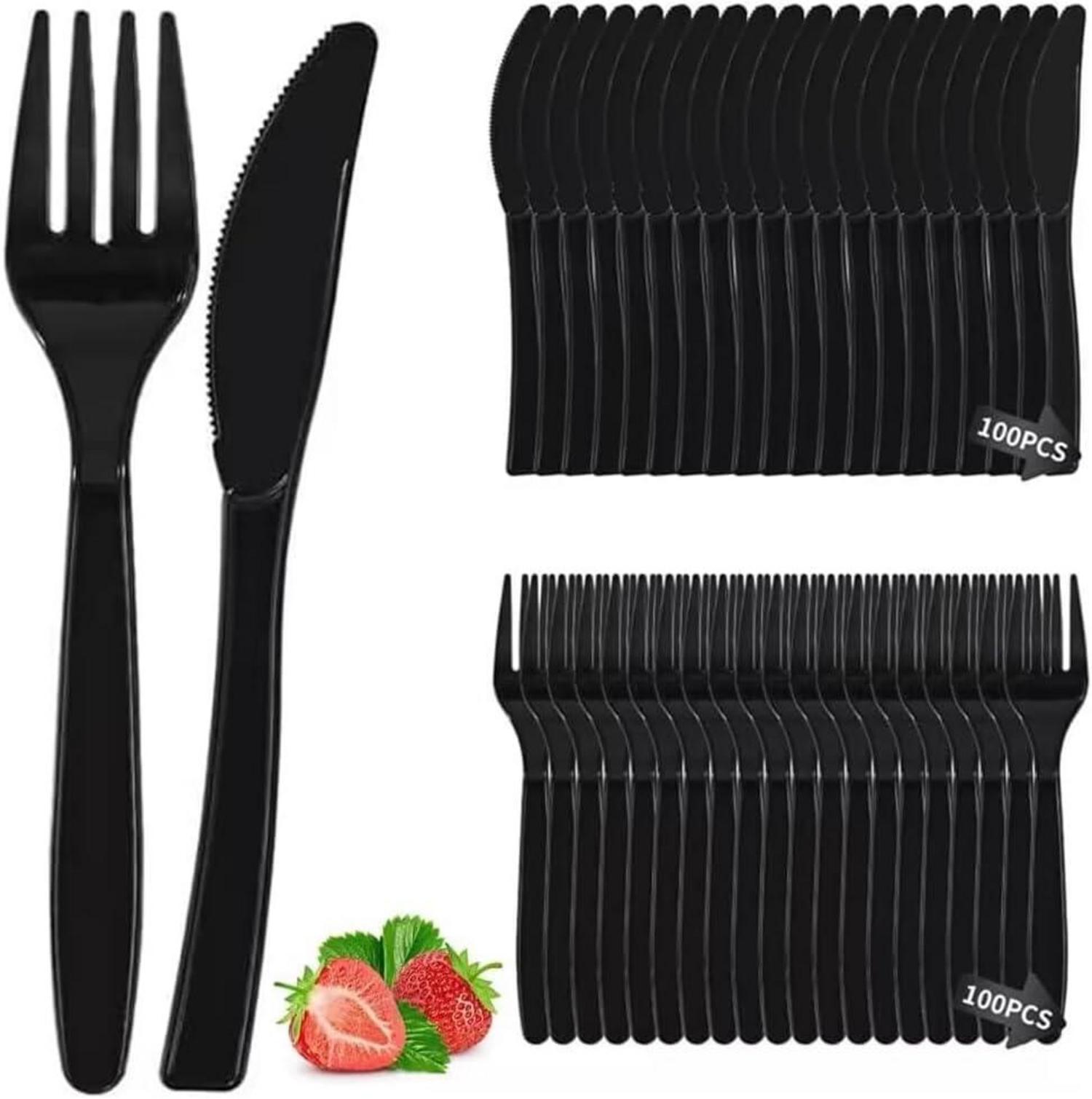 200 Stück Plastikbesteck Set Party Besteck Wiederverwendbar Schwarz
