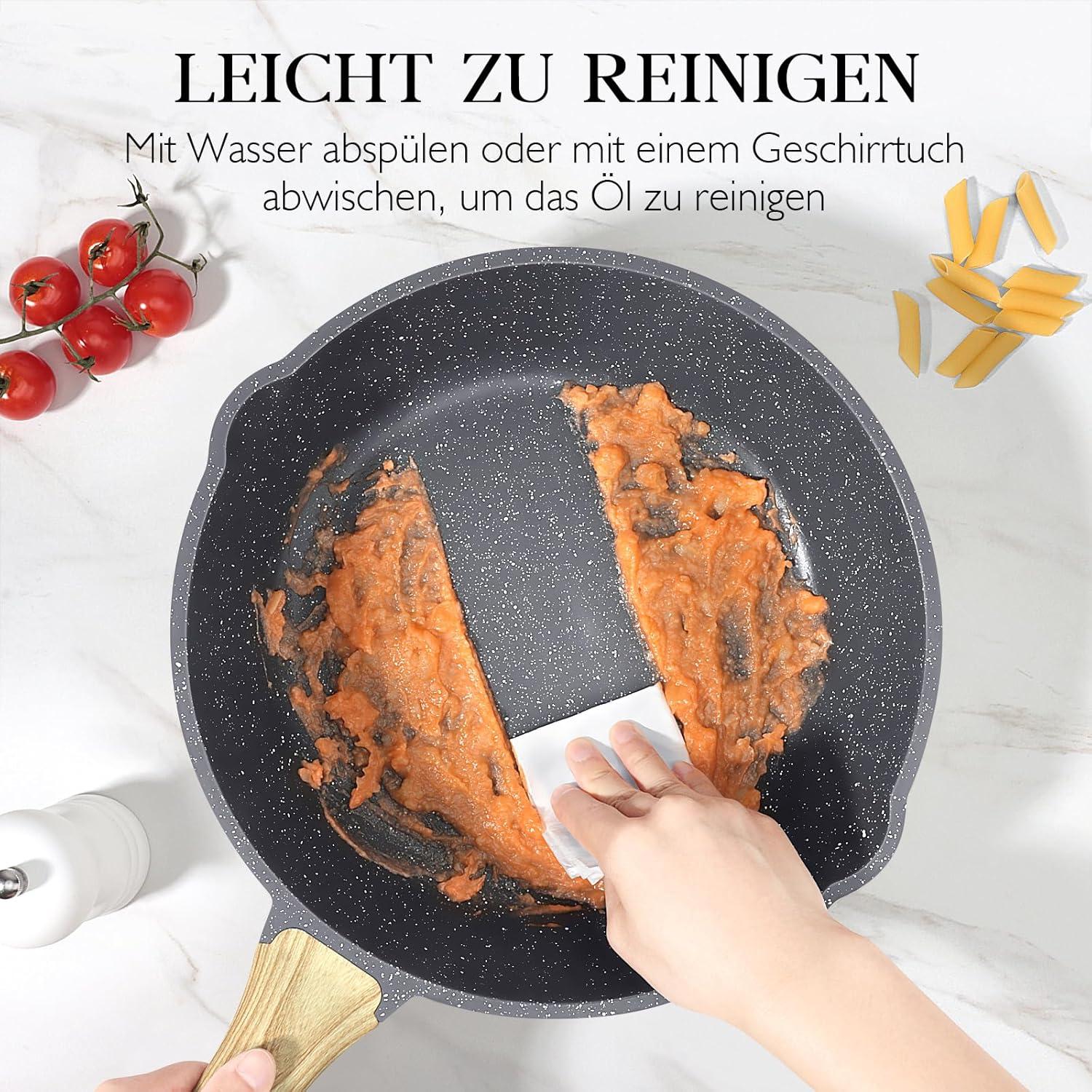 Antihaft Wokpfanne 28 cm mit Deckel, Granitbeschichtung, Holzgriffe, für alle Herdarten geeignet