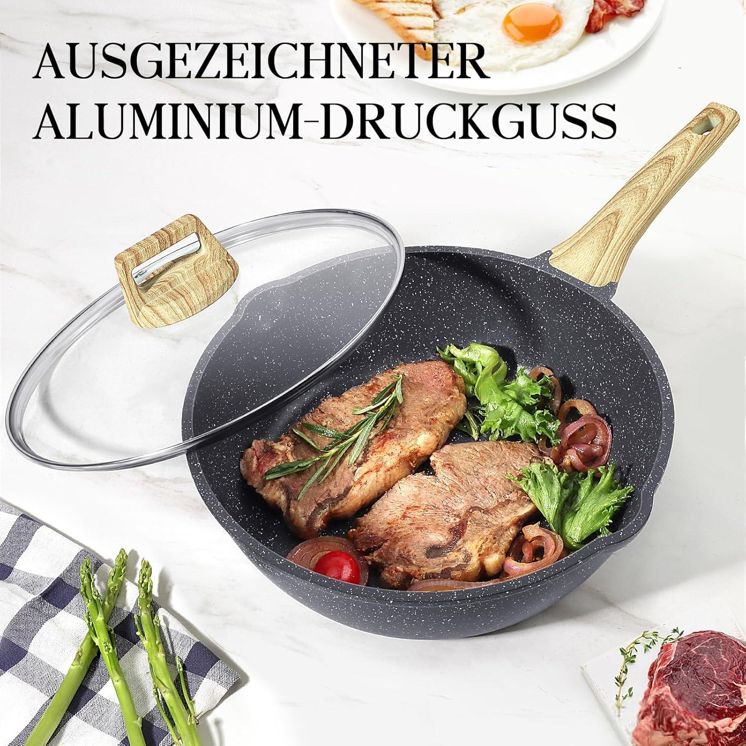 Antihaft Wokpfanne 28 cm mit Deckel, Granitbeschichtung, Holzgriffe, für alle Herdarten geeignet