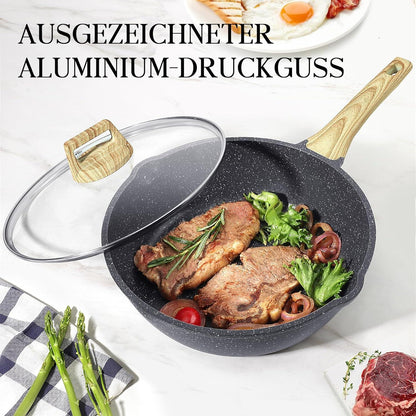 Antihaft Wokpfanne 28 cm mit Deckel, Granitbeschichtung, Holzgriffe, für alle Herdarten geeignet