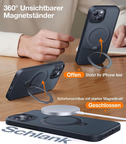 iPhone 13/14 Hülle 360° Ostand Spin Magnetisch Schwarz militärischer