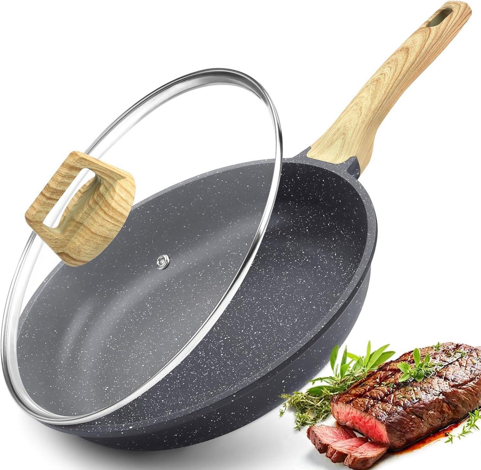 Antihaft Pfanne mit Deckel 24cm Granitbeschichtet Induktion Schwarz