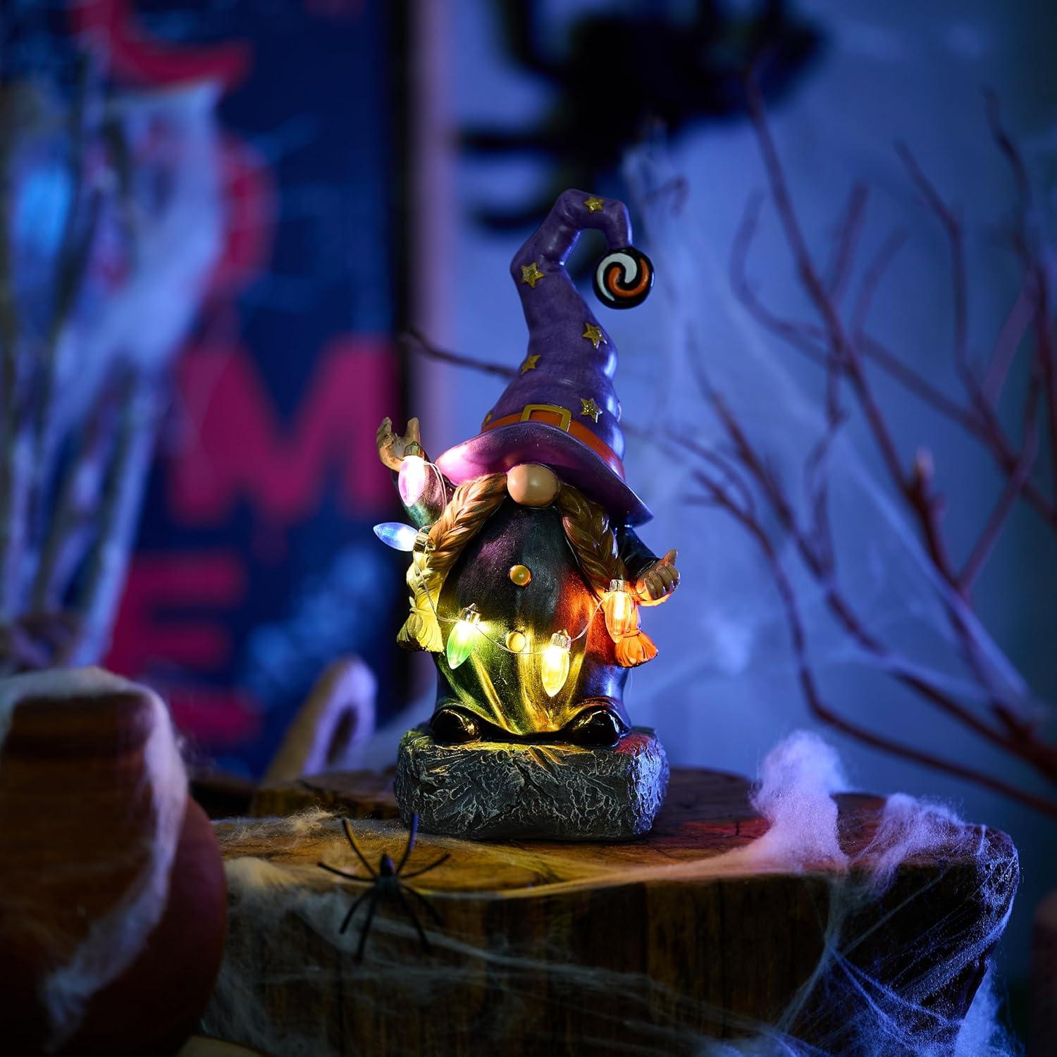 Gartenfigur Hexe mit LED-Lichterkette Halloween Deko Kunstharz 22cm