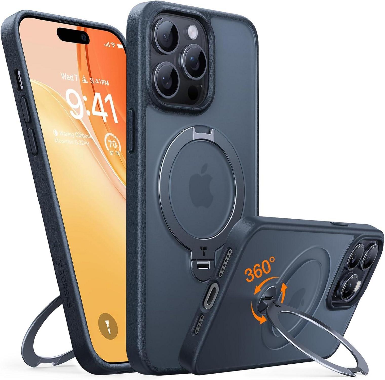 TORRAS 360° Ostand Spin iPhone 14 Pro Hülle Militärschutz Matt Schwarz