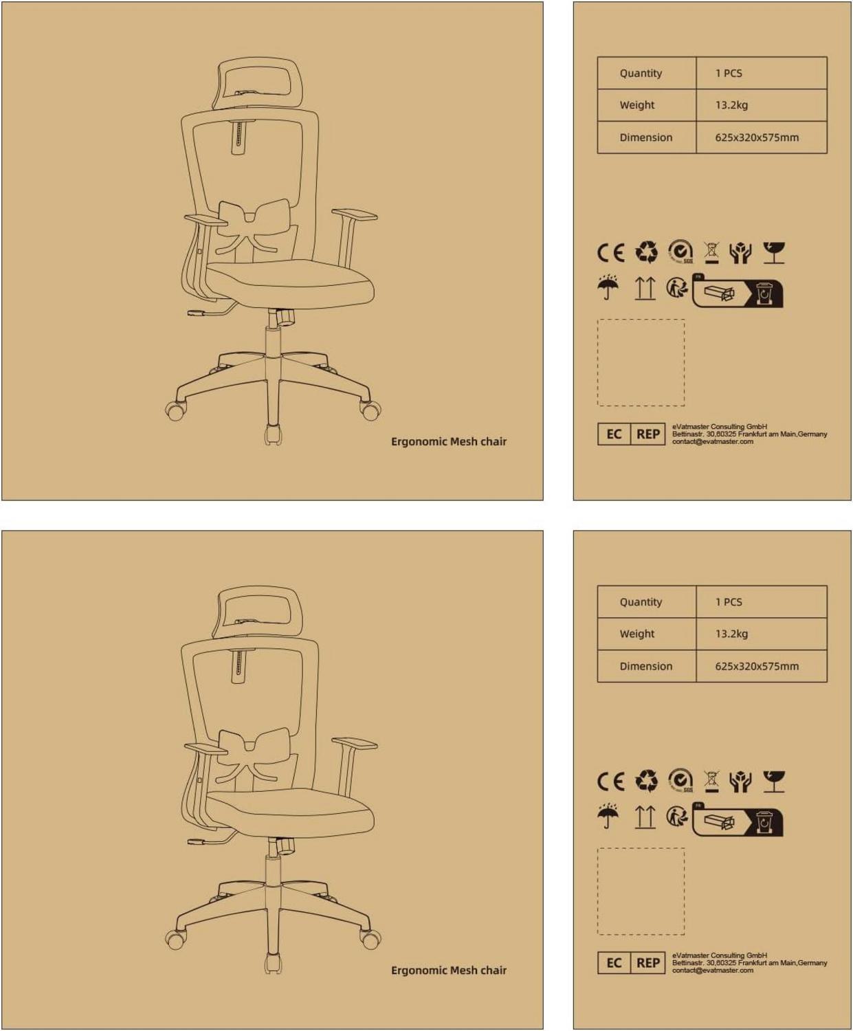 Airchros Bürostuhl ergonomisch verstellbar mit Kopfstütze, Armlehnen, Lendenwirbelstütze bis 135°, belastbar 150kg